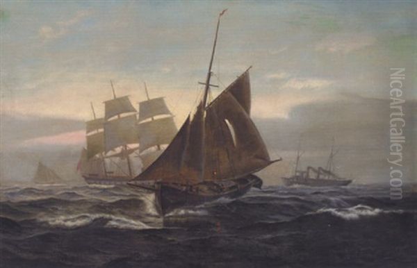 Tremaster Og Dampskib Pa Havet Ved Solnedgangstide Oil Painting by Carl Ludwig Bille