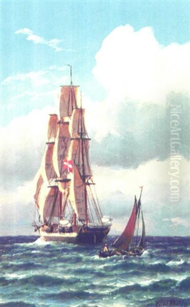 Marine Med Fiskerbad Og Sejlskib Oil Painting by Carl Ludwig Bille