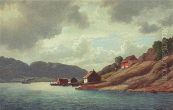 Klippekyst Med Bygninger Og Damper Oil Painting by Carl Ludwig Bille