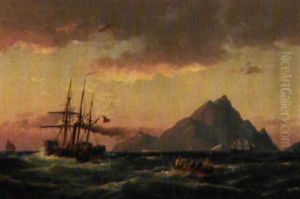 Skibe I Middelhavet Ved Solnedgang Oil Painting by Carl Ludwig Bille