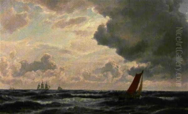 Marine Med Skibe Pa Havet, Morke Skyer Traekker Over Himlen Oil Painting by Carl Ludwig Bille