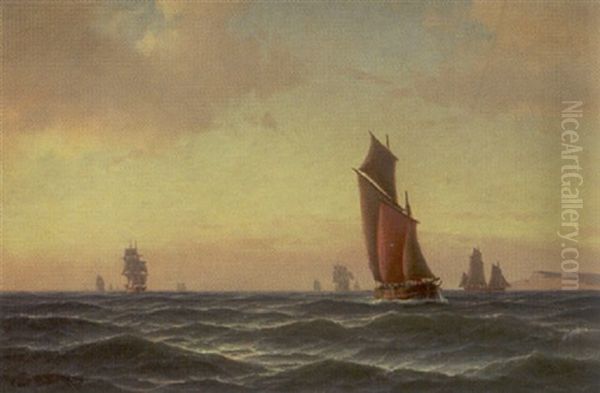 Marine Med Sejlskibe Oil Painting by Carl Ludwig Bille