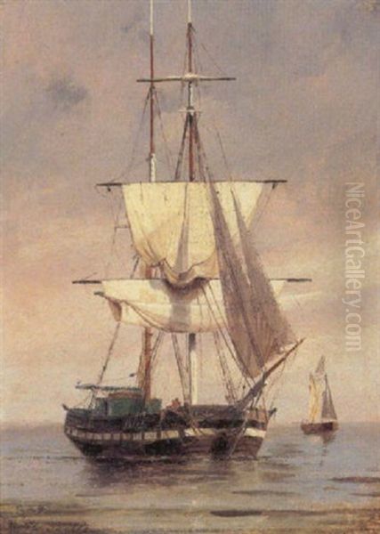 To Sejskibe Pa Havet Oil Painting by Carl Ludwig Bille