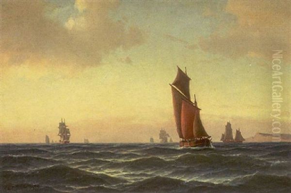 Marine Med Sejlskibe Oil Painting by Carl Ludwig Bille