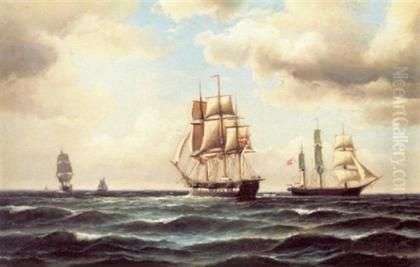 Tremastere Pa Havet Oil Painting by Carl Ludwig Bille