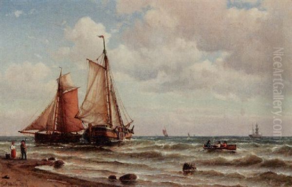 Fishing Boats Near The Coast Oil Painting by Carl Ludwig Bille