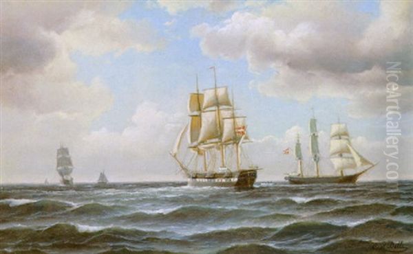 Marine Med Danske Linieskibe I Sundet Oil Painting by Carl Ludwig Bille