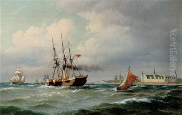 Marine Med Dampskib Med Det Engelske Handelsflag Samt Sejlskibe Ud For Kronborg Oil Painting by Carl Ludwig Bille