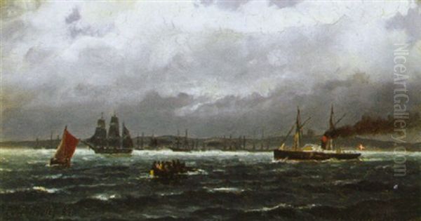 Marine Med Talrige Skibe Pa Havet Oil Painting by Carl Ludwig Bille