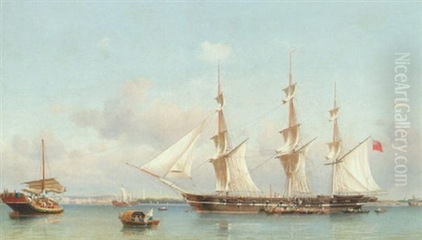 Et Engelsk Sejlskib Ligger For Anker Ud For Kysten Naer Den Store Pagode I Wampoa Ved Indsejlingen Til Canton Oil Painting by Carl Ludwig Bille