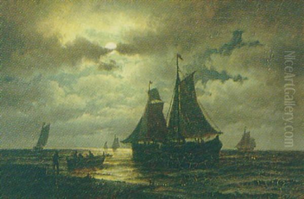 Manebelyst Kyst Med Sejlskibe Oil Painting by Carl Ludwig Bille