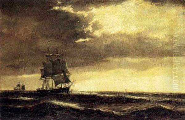 Skibe Pa Havet Under Morke Uvejrsskyer Oil Painting by Carl Ludwig Bille