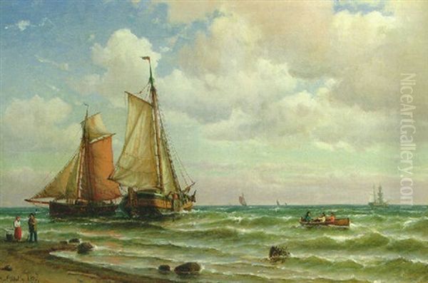 Dutch Sailing Vessels In The Surf Oil Painting by Carl Ludwig Bille