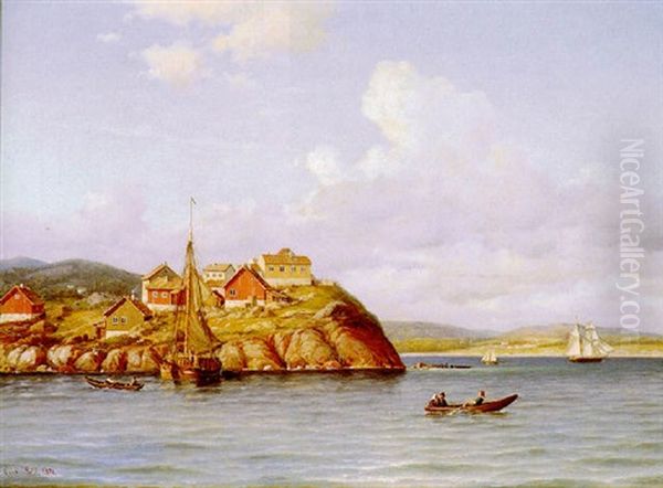 Fjordparti Med Huse Pa Klipperne Og Bade Pa Stille Vand, Kristiansand, Norge Oil Painting by Carl Ludwig Bille