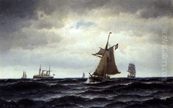 Marine Med Sejl- Og Dampskibe Pa Havet Oil Painting by Carl Ludwig Bille