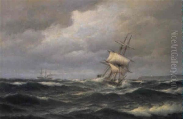 Marin Med Segelfartyg Och Angskepp Oil Painting by Carl Ludwig Bille