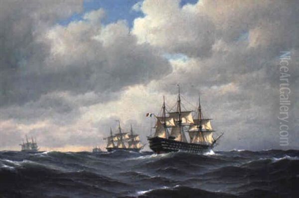 Franske Orlogsfart+jer Pa Havet Oil Painting by Carl Ludwig Bille