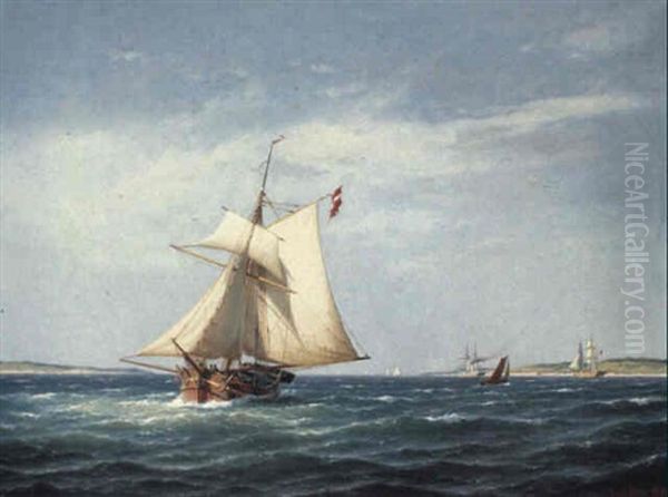 Marine Med Sejlskibe Ud For Kysten Oil Painting by Carl Ludwig Bille