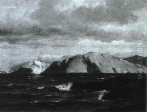 Marine Med Sejlskib Ud For Kystby Oil Painting by Carl Ludwig Bille