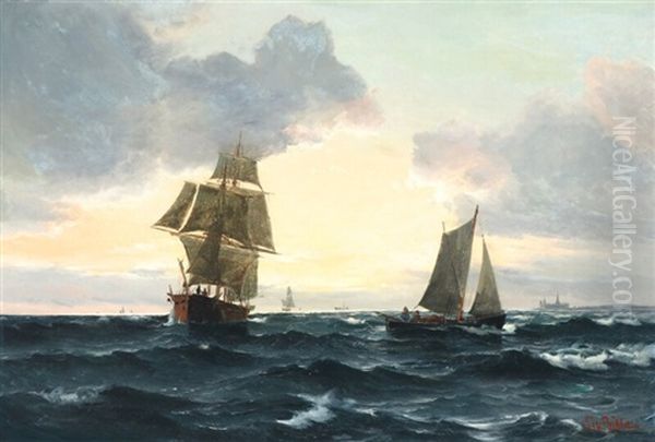 Seascape With Numerous Sailing Ships Oil Painting by Vilhelm Victor Bille