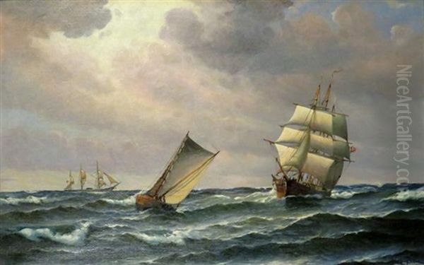 Small Trading Vessel Under Sail And Other Crafts Oil Painting by Vilhelm Victor Bille