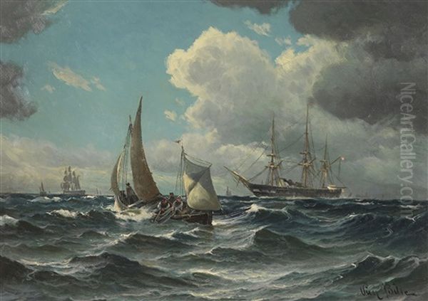 Fischerboot Und Dampfsegler Auf Bewegter See Oil Painting by Vilhelm Victor Bille