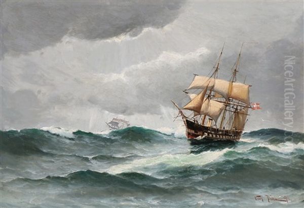 Seascape With Sailing Ships In Rough Seas Oil Painting by Vilhelm Victor Bille