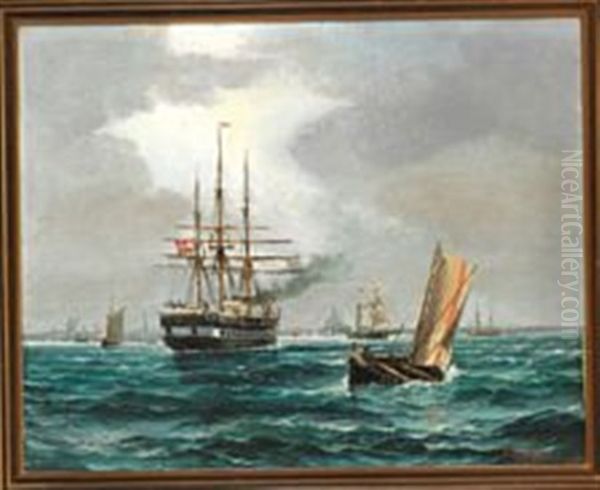 The Frigate Jutland, A Pilot Boat And Numerous Ships Off Copenhagen Oil Painting by Vilhelm Victor Bille