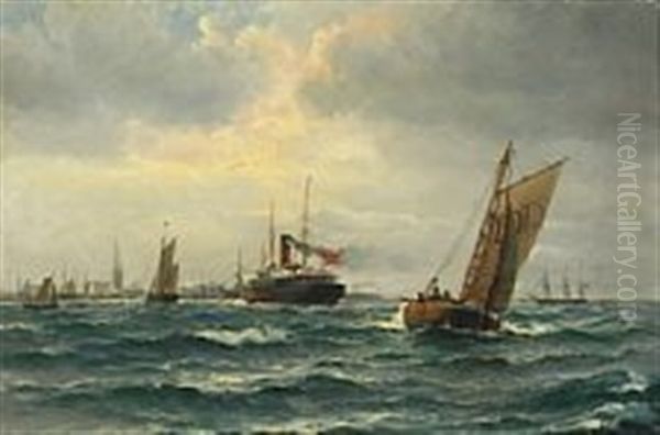 Seascape From The Bay Of Aarhus With Lively Shipping Oil Painting by Vilhelm Victor Bille