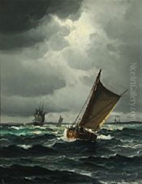 Sailing Ships At Sea Oil Painting by Vilhelm Victor Bille