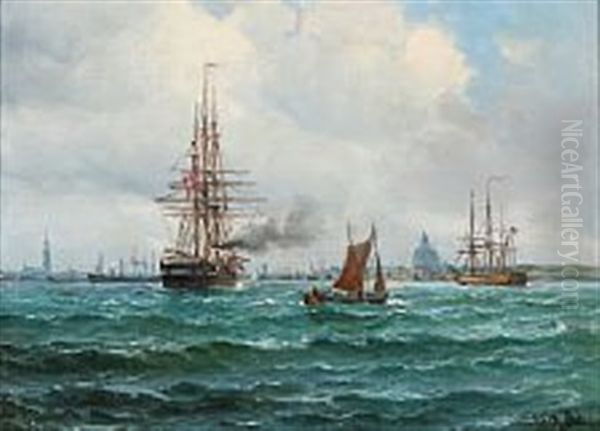 Seascape With Sailing Ships Off The Harbour Of Copenhagen Oil Painting by Vilhelm Victor Bille