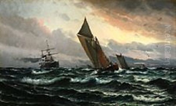 Seascape With Sailing Ships In High Waves Oil Painting by Vilhelm Victor Bille