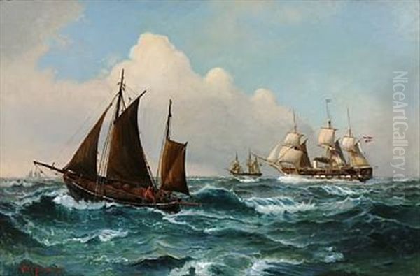 Seascape With Ships On A Windy Day Oil Painting by Vilhelm Victor Bille