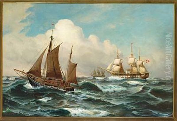 Seascape With Ships On A Windy Day Oil Painting by Vilhelm Victor Bille