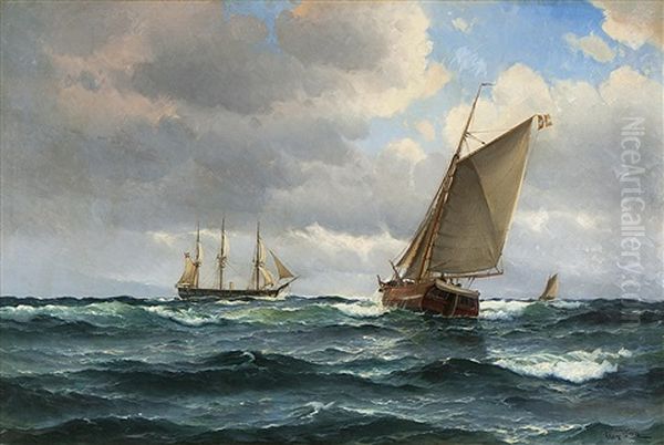 Fregatten Jylland Och Segelskutor Pa Oppet Hav Oil Painting by Vilhelm Victor Bille