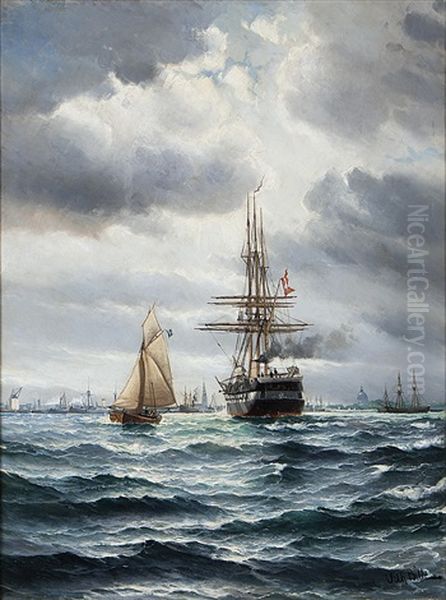 Fregatten Jylland Anloper Kopenhamn, I Fonden Frederik V: S Mastkran, Vor Frelsers Kirke Och Marmorkirken Oil Painting by Vilhelm Victor Bille