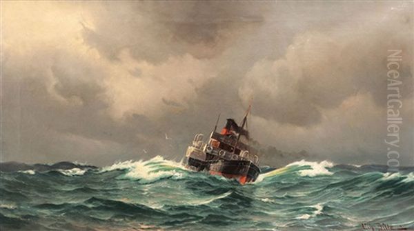 Paddle Steamer In Choppy Sea Oil Painting by Vilhelm Victor Bille