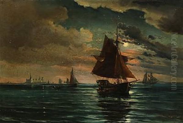 Evening Atmosphere With Sailing Ships Near Kronborg Castle Oil Painting by Vilhelm Victor Bille