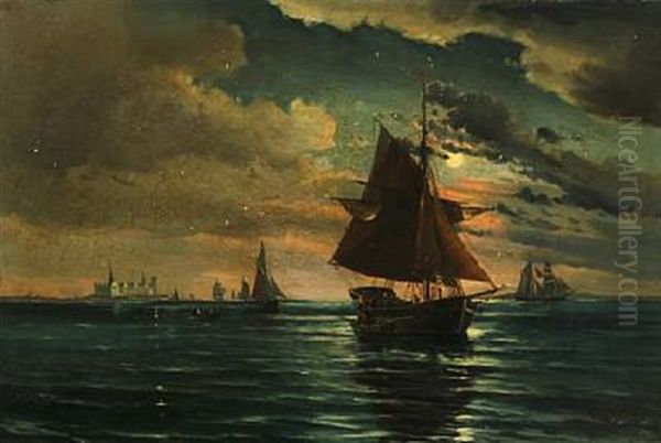 Seascape With Sailing Ships Off The Castle Kronborg by Vilhelm Victor Bille