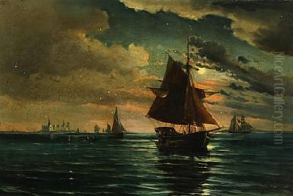 Seascape With Sailing Ships Off The Castle Kronborg Oil Painting by Vilhelm Victor Bille