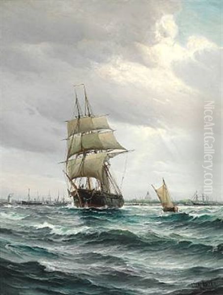 Sailing Ships Off Copenhagen. In The Background The Rigging Sheers At Holmen And The Dome Of Marmorkirken (the Marble Church) Oil Painting by Vilhelm Victor Bille