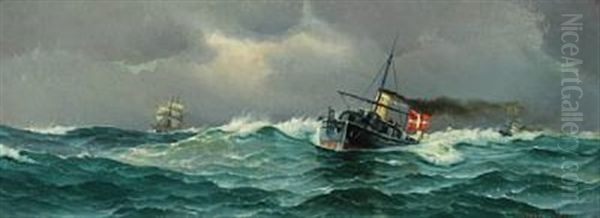 Marine With Ships At High Sea Oil Painting by Vilhelm Victor Bille