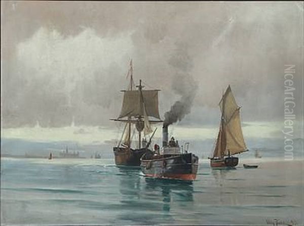 Seascape With Sailing Ships And Steamer, In The Background Kronborg Castle Oil Painting by Vilhelm Victor Bille