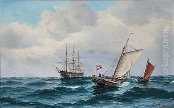 Seascape With The Frigate Jutland And A Few Fishermen In Their Boats On Open Sea Oil Painting by Vilhelm Victor Bille