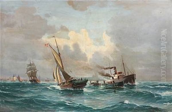 Seascape With Ships Outside Copenhagen Habour Oil Painting by Vilhelm Victor Bille