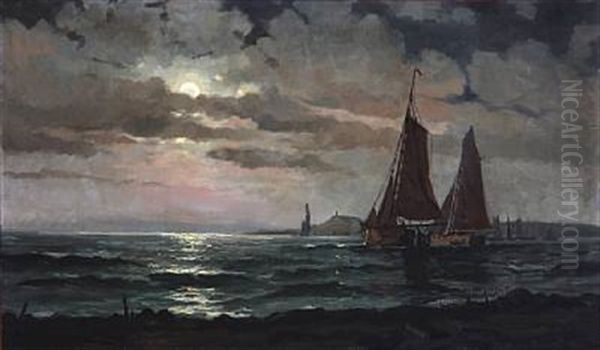 Coastal Scene At Full Moon Oil Painting by Vilhelm Victor Bille