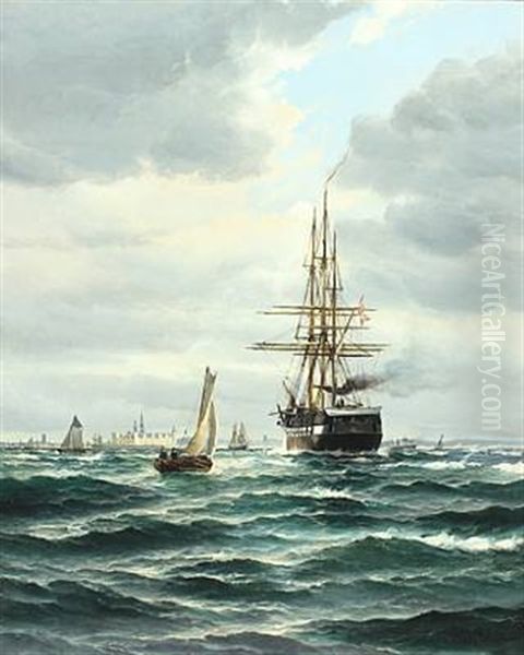 Seascape With Fregatten Jylland And Sailing Ships Off Kronborg Oil Painting by Vilhelm Victor Bille