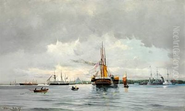 The Danish And The English Royal Yachts And The Russian Imperial Yacht Are Being Saluted In The Copenhagen Harbour Oil Painting by Vilhelm Victor Bille