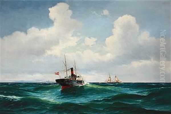 Seascape With A Steamship And A Sailing Ship Oil Painting by Vilhelm Victor Bille