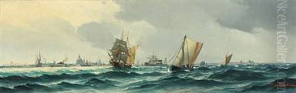 Numerous Ships On The Sound By Copenhagen Oil Painting by Vilhelm Victor Bille